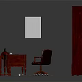 Classic Mahogany Office Desk With Tall Bookshelf Books Leather Chair Decorative Rug And Framed Art