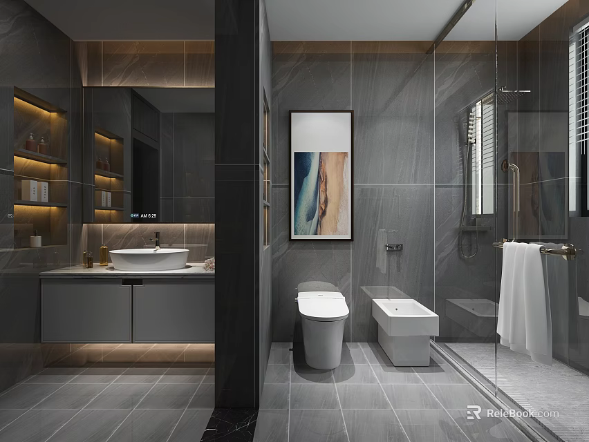 Modern Luxury Dark Gray Tiled Bathroom Interior With Full Sanitary Wares And Glass Shower Area 3d model 