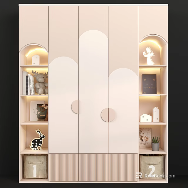 Light Beige Wardrobe With Cloud Shaped Doors Arched Light Strips And Open Shelves With Decorations 3d model 