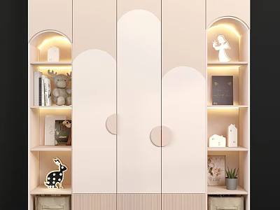 Light Beige Wardrobe With Cloud Shaped Doors Arched Light Strips And Open Shelves With Decorations 3d model