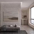 Modern Interior Featuring Sofa Wall Painting Console Table Green Plant Large Window And Herringbone Floor