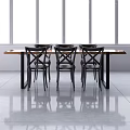 Modern Dining Table Set With Wooden Top Black Metal Frame And Six Cross Back Chairs