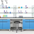 Modern Laboratory Workbench Setup With Blue Cabinets Yellow Warning Signs And Glass Shelves