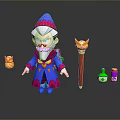 Woman Wizard Character With Magic Staff Potion Bottles And Small Statues