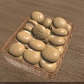 Fresh Homemade Round Bread Loaves in Wicker Basket on Wooden Table