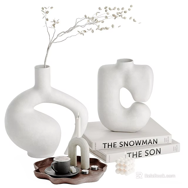White Ceramic Modern Decorative Ornament Set with Dried Branches on Stacked Books 3d model 