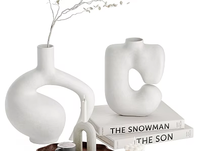 White Ceramic Modern Decorative Ornament Set with Dried Branches on Stacked Books 3d model