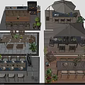 Outdoor Table Set With Chairs Umbrella And Green Plants On Patio Garden