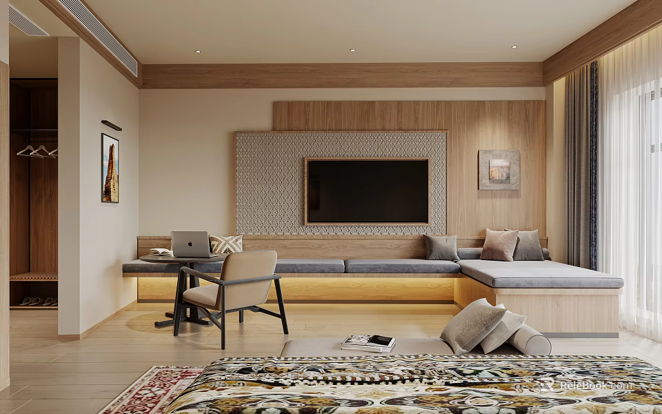 Hotel Guest Room with Wooden Wall Panels Mounted TV Comfortable Sofa Bed and Patterned Rug 3d model 
