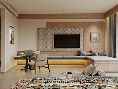 Hotel Guest Room with Wooden Wall Panels Mounted TV Comfortable Sofa Bed and Patterned Rug 3d model