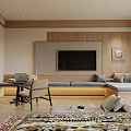Hotel Guest Room with Wooden Wall Panels Mounted TV Comfortable Sofa Bed and Patterned Rug