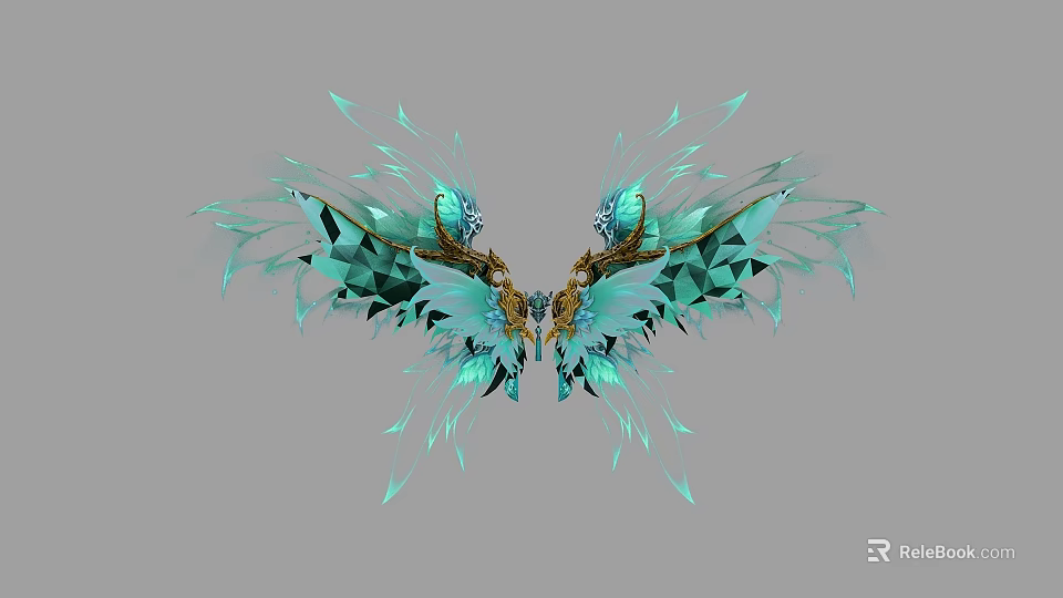 Ornate Mythical Flying Creature With Turquoise Geometric Feathers And Golden Decorations 3d model 