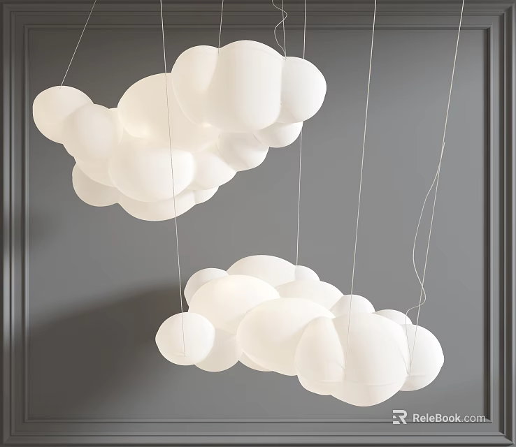 Two Decorative Cloud Shaped White Chandeliers Hanging Against Gray Background 3d model 