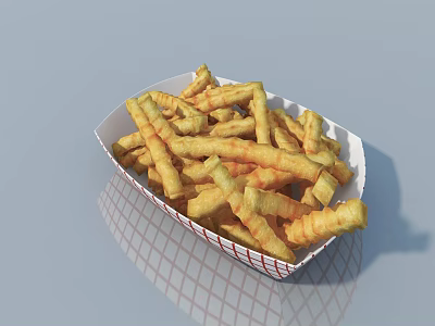 Golden Crispy Striped French Fries Served In Red White Checkered Paper Box 3d model