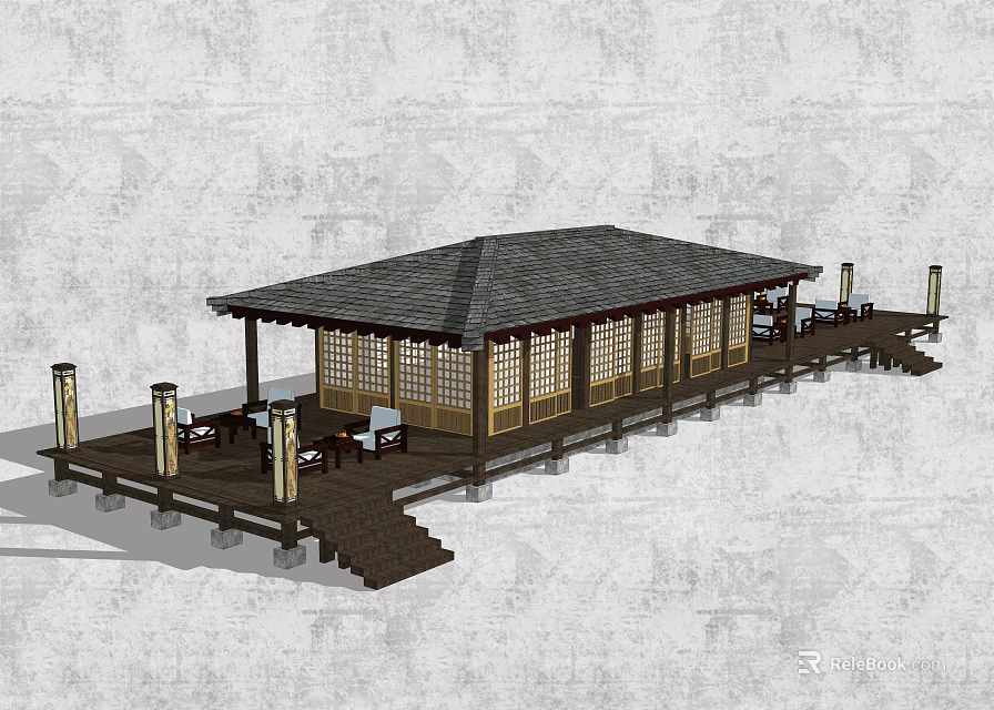 Wooden House With Sloped Dark Roof Lattice Windows Extended Deck And Outdoor Seating 3d model 