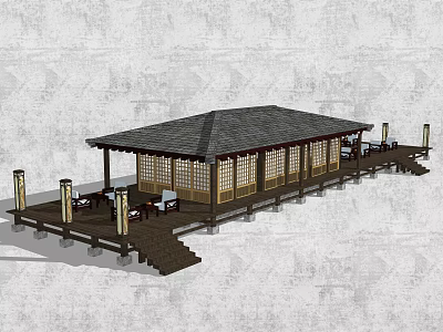 Wooden House With Sloped Dark Roof Lattice Windows Extended Deck And Outdoor Seating 3d model