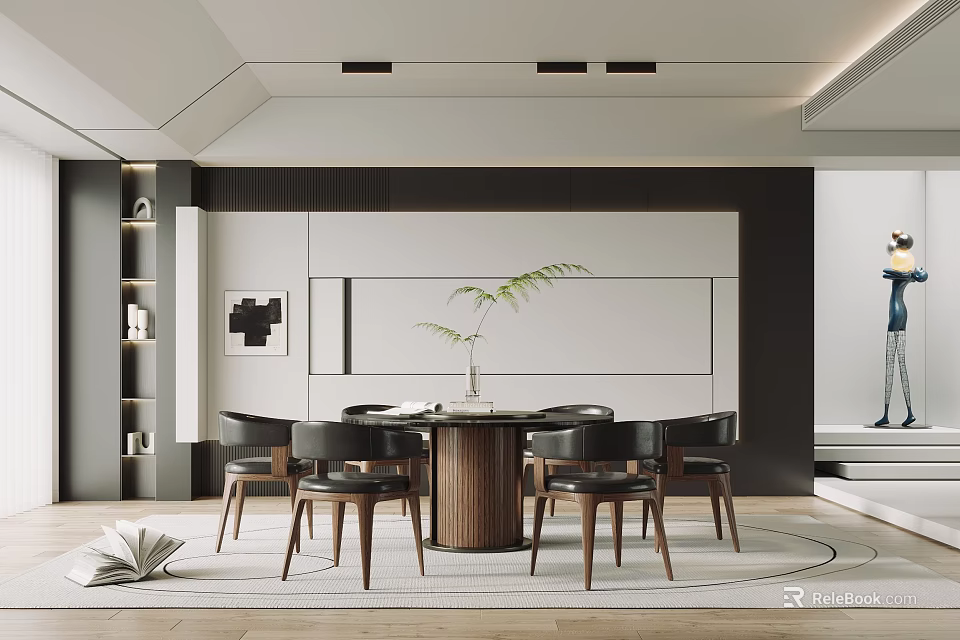 Modern Restaurant Interior With Round Dining Table Black Chairs Wooden Legs And Green Plant Decor 3d model 