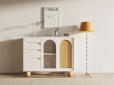 Modern Entryway Console Side Cabinet With White Finish Glass Doors Wooden Legs And Floor Lamp 3d model