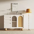 Modern Entryway Console Side Cabinet With White Finish Glass Doors Wooden Legs And Floor Lamp