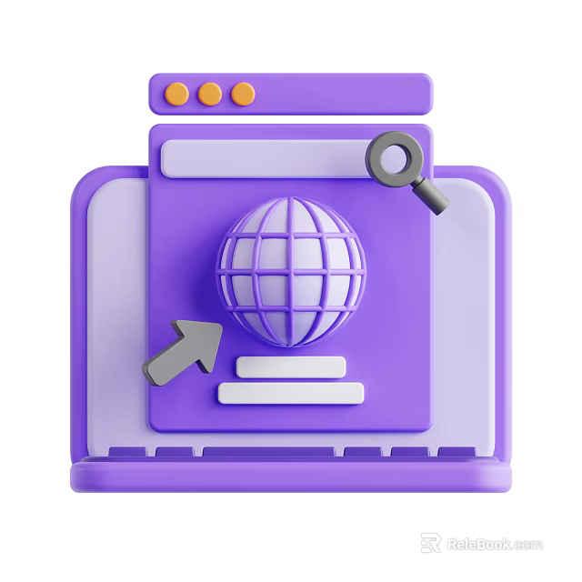 Purple Laptop Interface Design Featuring Globe Magnifying Glass And Arrow Elements 3d model 