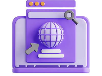 Purple Laptop Interface Design Featuring Globe Magnifying Glass And Arrow Elements 3d model