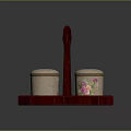 Spice Jars with Pink Floral Patterns and Beige Lids on Red Tray with Handle