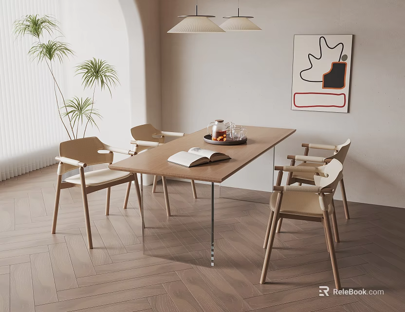 Modern Dining Table Set With Wooden Chairs Decorative Items Potted Plant And Pendant Lights 3d model 