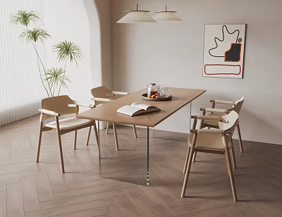 Modern Dining Table Set With Wooden Chairs Decorative Items Potted Plant And Pendant Lights 3d model