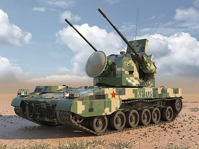 Military Functional Vehicle Featuring Twin Cannons Radar Camouflage Paint XT003 Red Star On Desert Terrain 3d model
