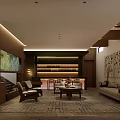 Elegant Modern Reception Hall Interior With Wooden Panel Wall Carpet Sofas Coffee Tables And Staircase 3d model