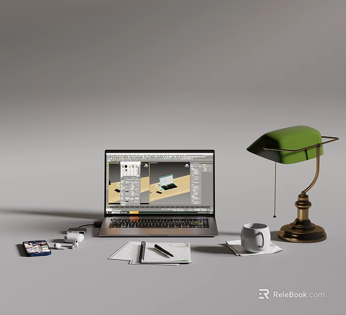 Modern Laptop Workspace With Green Desk Lamp Notebook Pen And Coffee Cup 3d model 