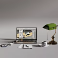 Modern Laptop Workspace With Green Desk Lamp Notebook Pen And Coffee Cup