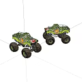 Two Green Monster Truck Toys With Big Wheels And Colorful Patterns