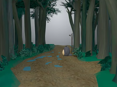 Cute Cartoon Forest Scene With Tall Trees Dirt Path Puddles Animal Character And Green Plants 3d model