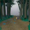 Cute Cartoon Forest Scene With Tall Trees Dirt Path Puddles Animal Character And Green Plants
