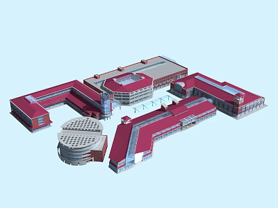 Commercial Street Architectural Layout With Red Roofs Connected Buildings And Open Plaza 3d model