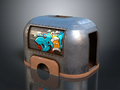 Metallic Dome Shaped Car with Graffiti Art and Cartoon Characters on Riveted Frame 3d model