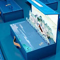 Ornament Decoration Set in Open Blue Box with Mountain Water Boat Patterns and Traditional Elements
