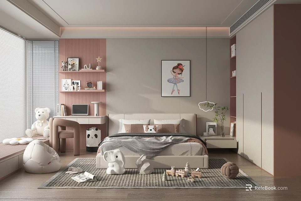 Cozy Kids Room Interior Design With Bed Desk Shelves Stuffed Toys And Decorative Rug 3d model 