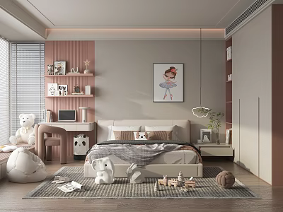Cozy Kids Room Interior Design With Bed Desk Shelves Stuffed Toys And Decorative Rug 3d model