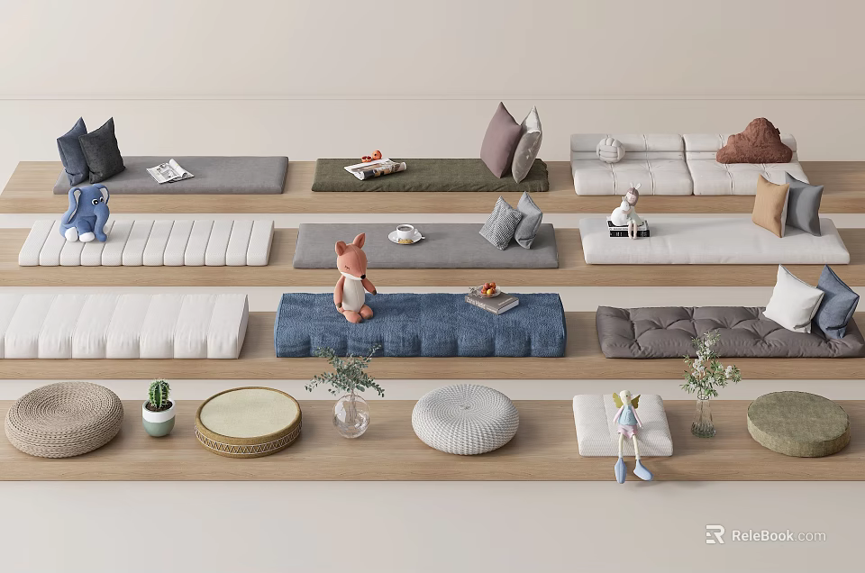 Various Colorful Mats And Cushions With Dolls Plants And Round Decorative Items 3d model 