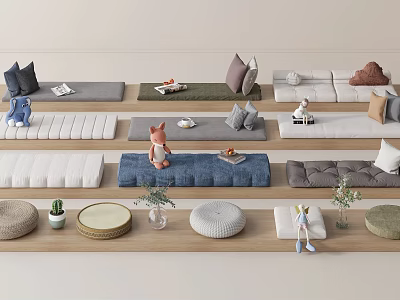 Various Colorful Mats And Cushions With Dolls Plants And Round Decorative Items 3d model