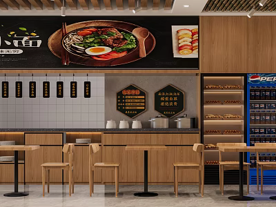 Modern Noodle Restaurant Interior With Wooden Furniture And Menu Displays 3d model