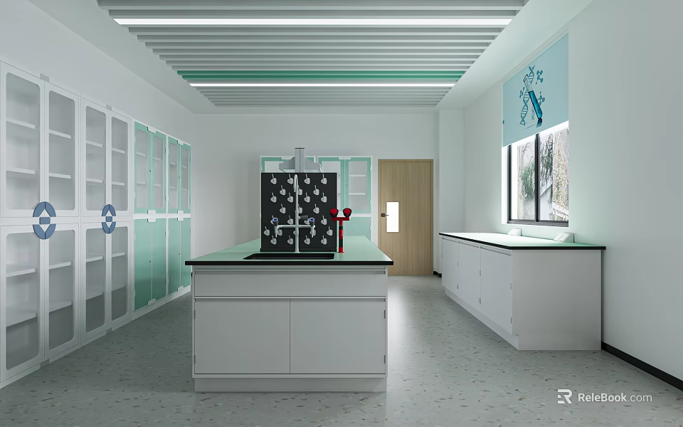 School Modern Laboratory Interior With Functional Lab Tables Cabinets Fume Hoods And Windows 3d model 