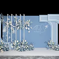 Elegant Blue Wedding Setup With Geometric Frames White Flowers And Angels 3d model