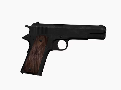 Close up view of classic black pistol with wooden grip and metal body 3d model