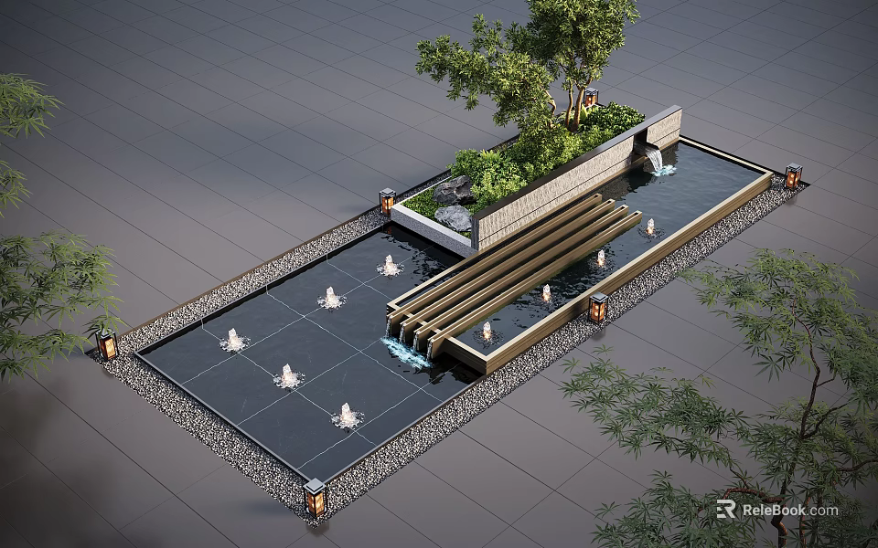 Outdoor Water Fountain with Square Pool Tiered Water Flow Green Plants and Decorative Lights 3d model 