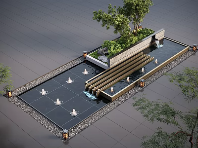 Outdoor Water Fountain with Square Pool Tiered Water Flow Green Plants and Decorative Lights 3d model