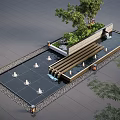 Outdoor Water Fountain with Square Pool Tiered Water Flow Green Plants and Decorative Lights