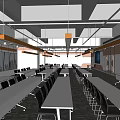 Modern Conference Room Interior With Long Tables Black Chairs And Wall Mounted Screen